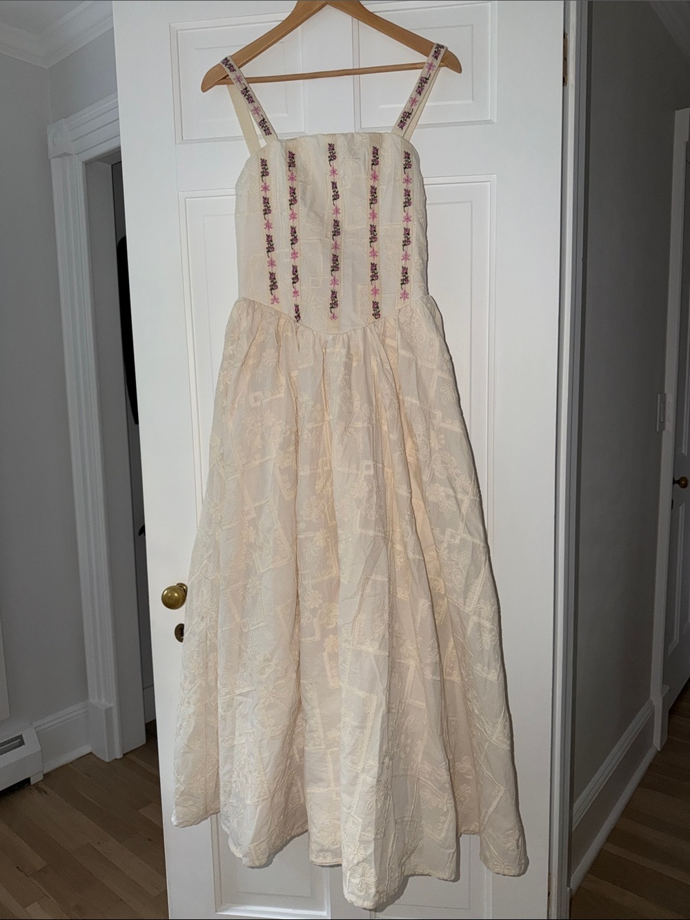 Agua Bendita Cream Dress with Pink Embroidered Straps
